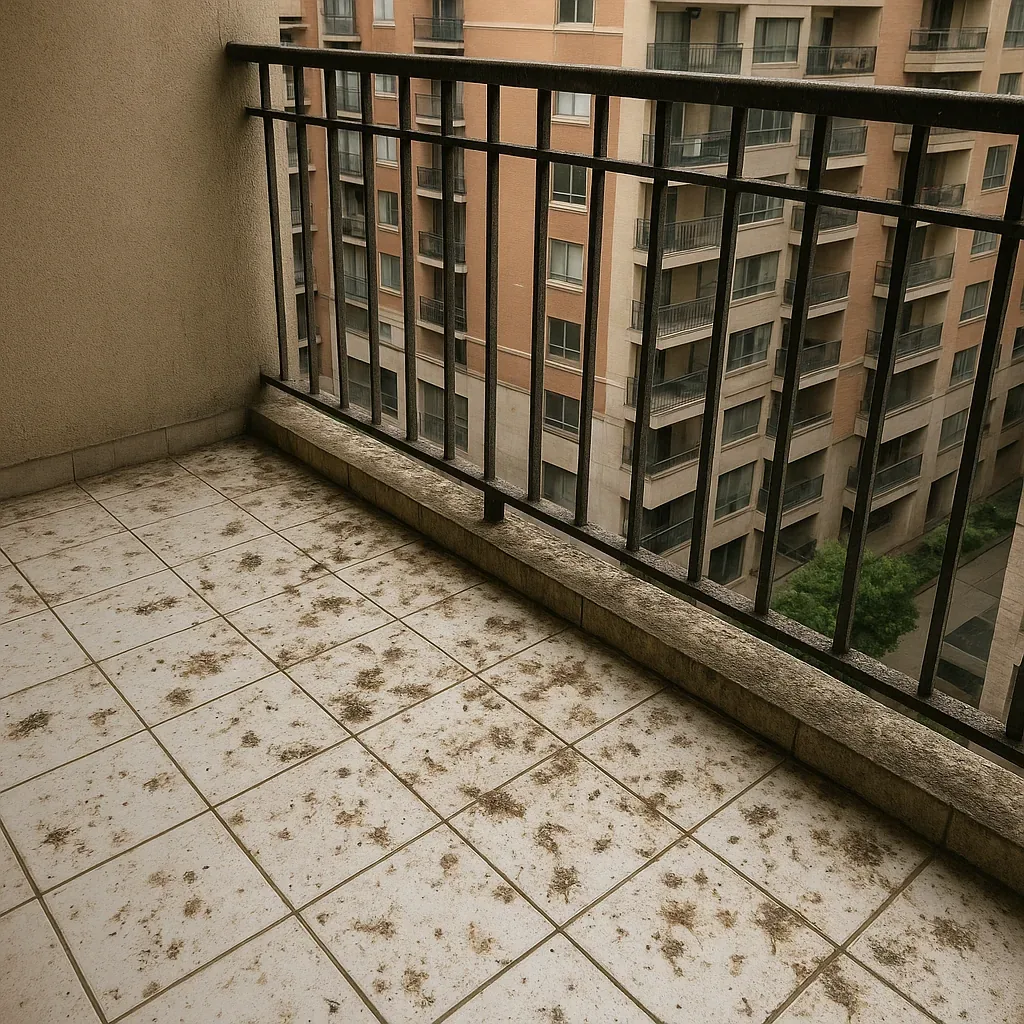 Avant — Balcon résidentiel fortement souillé